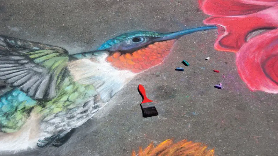 sidewalk chalk drawing of a hummingbird